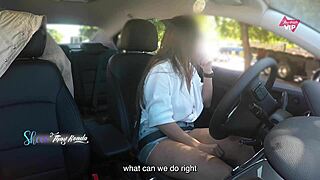 hey babe check out this hotwife flashing her big natural tits in the car for a stranger who gropes her with english subs