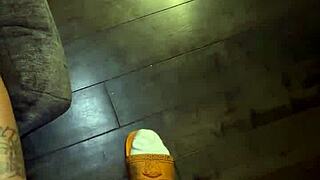 Suggestive living room romp turns into bent over anal pounding