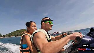 asian girlfriend drops to knees for public jetski blowjob on big cock