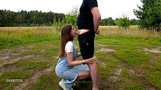 Petite Brunette Slut Begs for Outdoor Throat Fuck and Cum Swallow