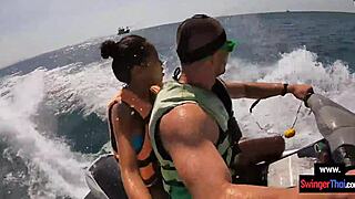 asian girlfriend drops to knees for public jetski blowjob on big cock