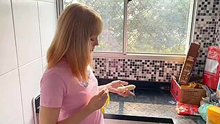 Morning coffee turns into bent over kitchen creampie fuck