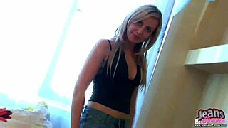 Skinny pigtail teen babe strips jeans and panties seductively