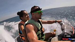 asian girlfriend drops to knees for public jetski blowjob on big cock