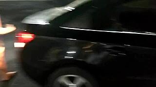 Innocent looking babe gives wild car blowjob to stranger cock