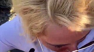 streetwalker in sunglasses deepthroats stranger in car then swallows huge public facial cumshot