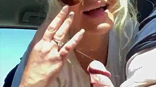 streetwalker in sunglasses deepthroats stranger in car then swallows huge public facial cumshot