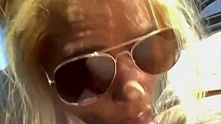 streetwalker in sunglasses deepthroats stranger in car then swallows huge public facial cumshot