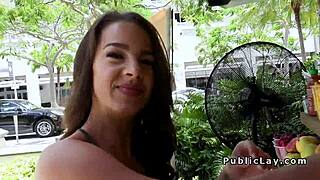 Native American stunner flashes tits then bangs stranger cock outdoors for cash