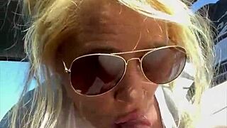 streetwalker in sunglasses deepthroats stranger in car then swallows huge public facial cumshot