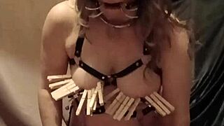 French Slave Self-Binds In Leather Harness Mouth Spreader