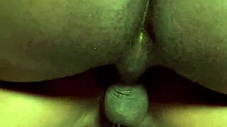 Sheer red teases ebony cowgirl riding to creampie doggy finish