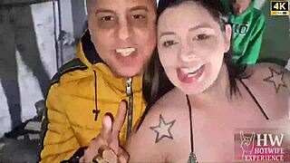 Safada monica lima flashes open pussy to corno's hung friends in garage