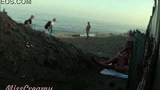 stepdaughter strokes my flashing cock to cum on crowded beach