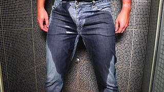Guy Boldly Pees in Jeans for Explosive Cumshot Finish