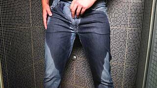 Guy Boldly Pees in Jeans for Explosive Cumshot Finish