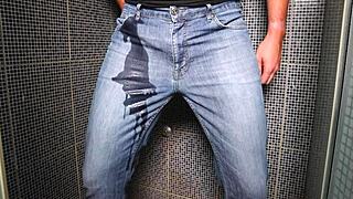 Guy Boldly Pees in Jeans for Explosive Cumshot Finish