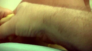 jenny welch strips yellow pantyhose seducing old man. brunette teen teases wet pussy slow