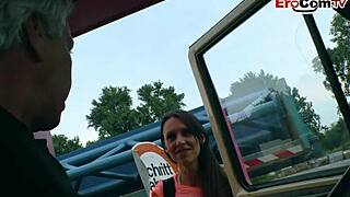 skinny german milf hitchhiker picked up for car sex with old man