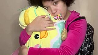 Skinny petite schoolgirl babysitter teases older daddy to cum on shaved tight pussy