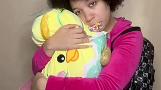 Skinny petite schoolgirl babysitter teases older daddy to cum on shaved tight pussy