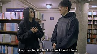 library bookworm bends over for rough doggy cum on her submissive teen tits