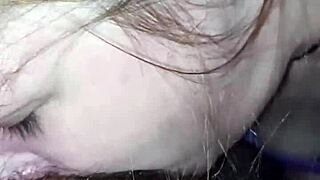 fresh from bath she kneels sucking his throbbing cock hungrily