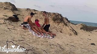 Lost on beach we stripped naked for wild outdoor threesome adventure.