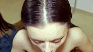 amateur brunette gives sloppy deepthroat blowjob mirror pov ends in facial cumshot