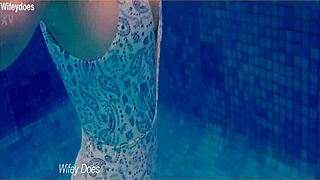 wife flashes big tits hot one-piece swims hotel pool voyeur