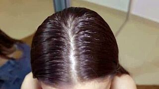 amateur brunette gives sloppy deepthroat blowjob mirror pov ends in facial cumshot