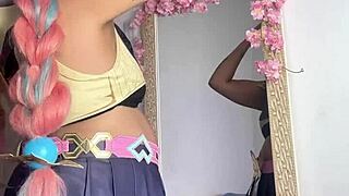 getting ready for cosplay con as varesa from genshin impact in sexy ebony bbw curvy costume