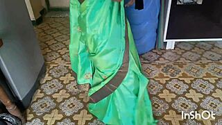 village bhabhi shivani tempts in green saree for ripped clothes fun