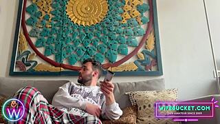 Shy blonde milf wife spreads legs wide for wet pussy fingering on sofa