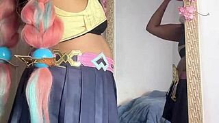 getting ready for cosplay con as varesa from genshin impact in sexy ebony bbw curvy costume