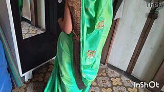 village bhabhi shivani tempts in green saree for ripped clothes fun
