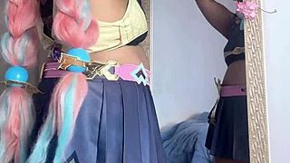 getting ready for cosplay con as varesa from genshin impact in sexy ebony bbw curvy costume