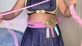 getting ready for cosplay con as varesa from genshin impact in sexy ebony bbw curvy costume