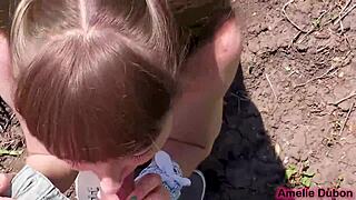 Cute teen babe delivers close-up public blowjob to stranger's monster cock cum in mouth outdoors