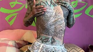 german goth punk slut strips lingerie teases shaved pussy with dildo dirty talk fingering skinny pierced tits riding cowgirl solo