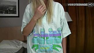 Shy 18-year-old blonde Vicky nervously starts her first porn casting interview