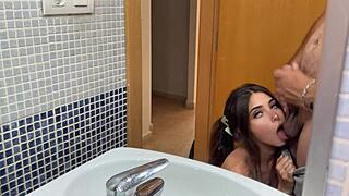 Neighbor's Big Belly Fills My Tits with Cum After Hard Bathroom Fuck