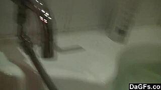 Blonde teen masturbates wildly then sucks throbbing cock in steamy bathtub