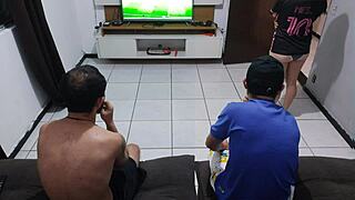 her hubby lost the bet so she fucks his friend bareback right in front of him close-up