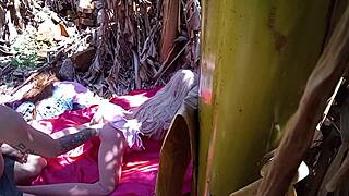 Redhead stepdaughter anal fucked with dildo sex toy outdoors