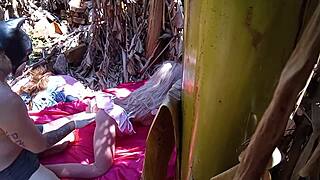 Redhead stepdaughter anal fucked with dildo sex toy outdoors