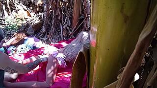 Redhead stepdaughter anal fucked with dildo sex toy outdoors