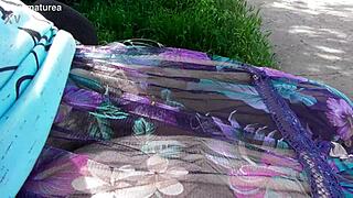 Hairy mature chubby beaver flashes thru see-thru dress upskirt outdoors publicly... uh