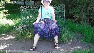 Hairy mature chubby beaver flashes thru see-thru dress upskirt outdoors publicly... uh