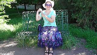 Hairy mature chubby beaver flashes thru see-thru dress upskirt outdoors publicly... uh